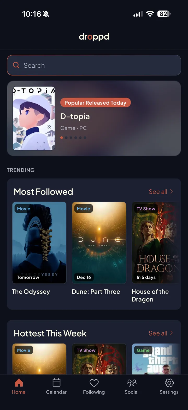 Droppd home feed showing trending and most-followed releases